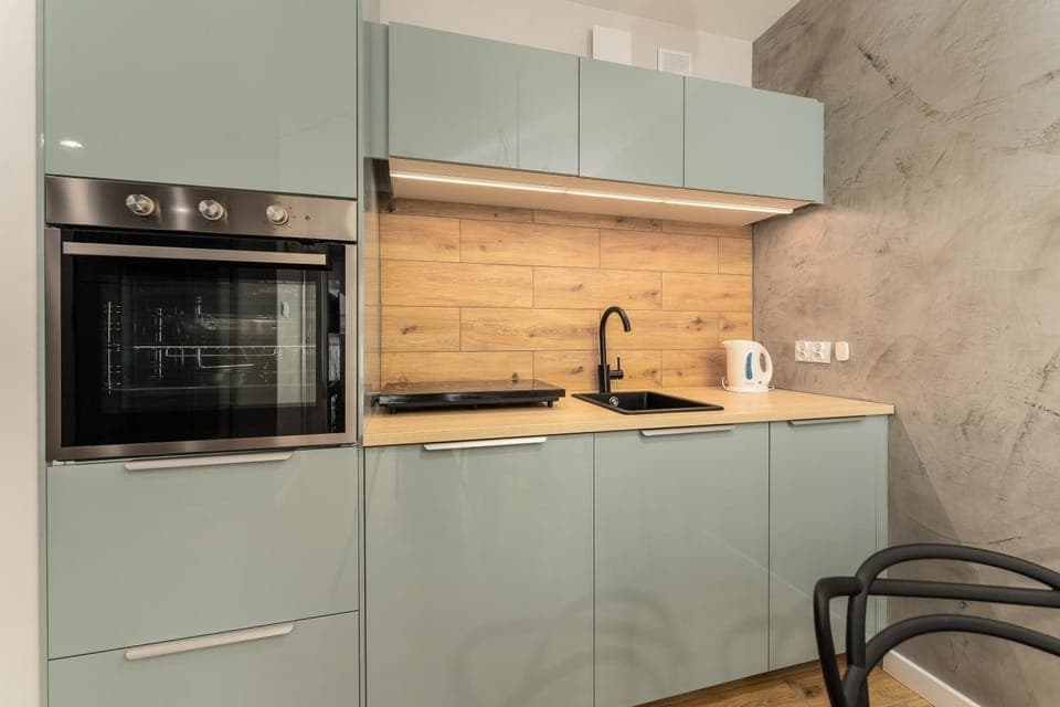 Kitchen or kitchenette, stove