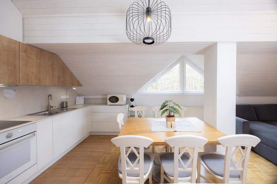 Kitchen or kitchenette, Living room, Seating area, Dining area, stove