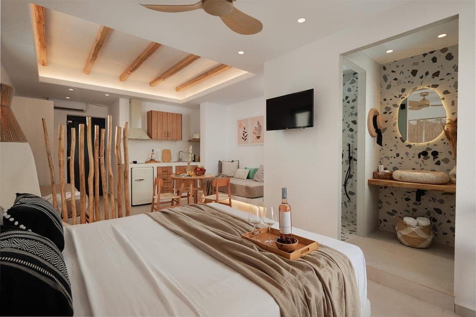 Bed, TV and multimedia, Kitchen or kitchenette, Living room, Photo of the whole room, Seating area, Dining area, Bedroom