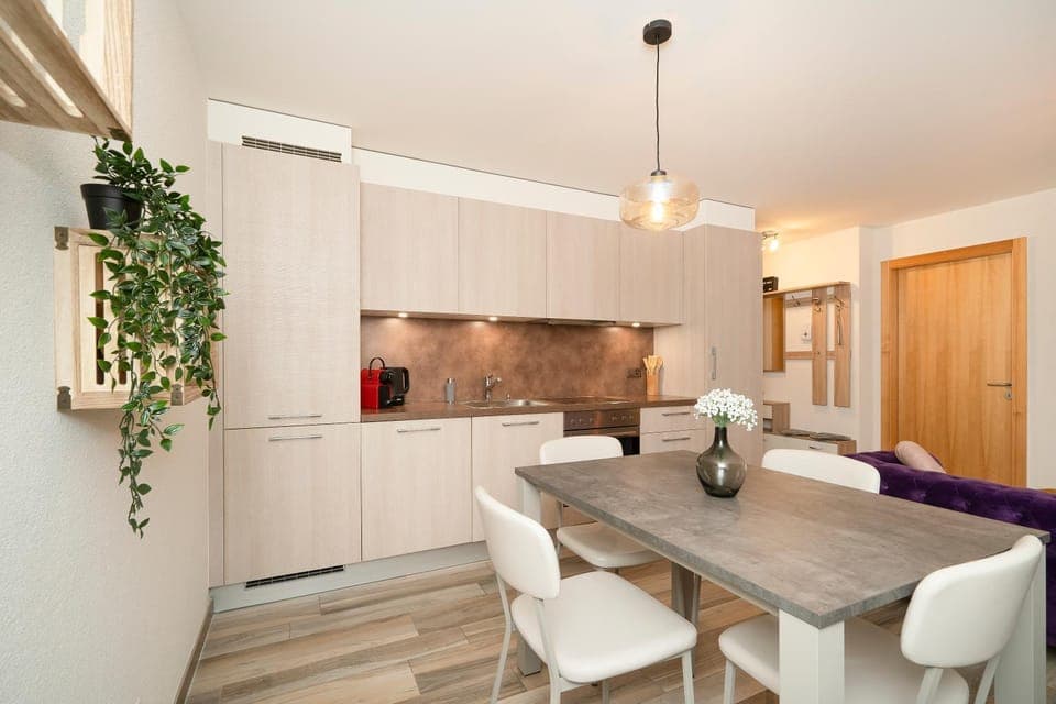 Kitchen or kitchenette, Living room, Seating area, Dining area, stove