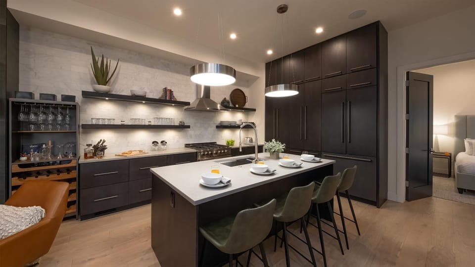 Seating area, storage, stove, toaster, kitchen