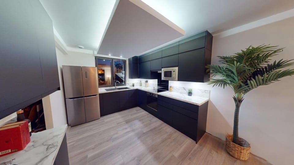 Kitchen or kitchenette, dishwasher, oven, stove