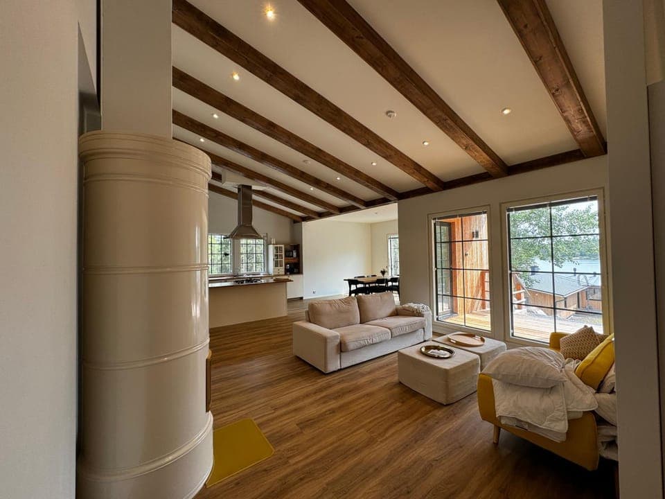 Living room, Dining area, fireplace, kitchen