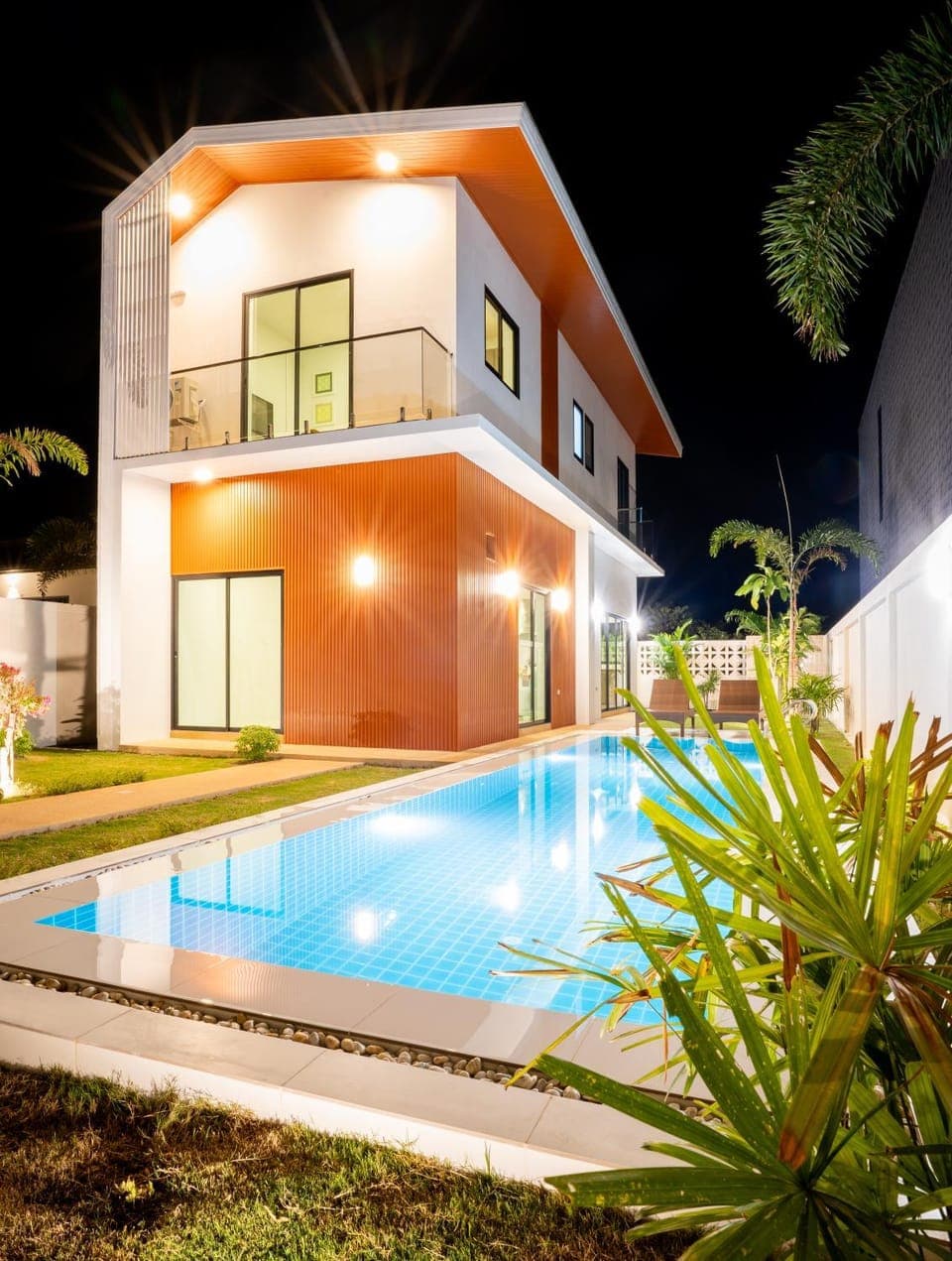 Property building, Night, Swimming pool