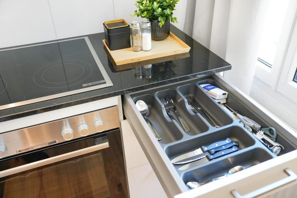 Kitchen or kitchenette, stove