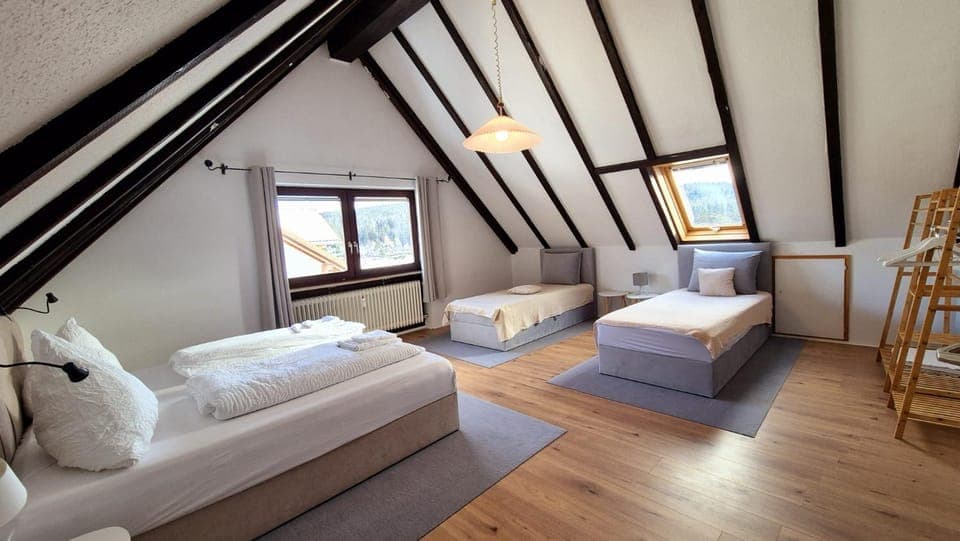 Bed, Photo of the whole room, Bedroom, Mountain view, cot, flat iron, heating, wardrobe