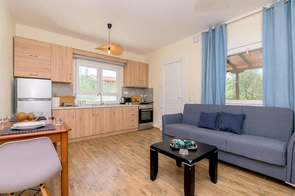 Kitchen or kitchenette, Living room, Seating area, oven, stove