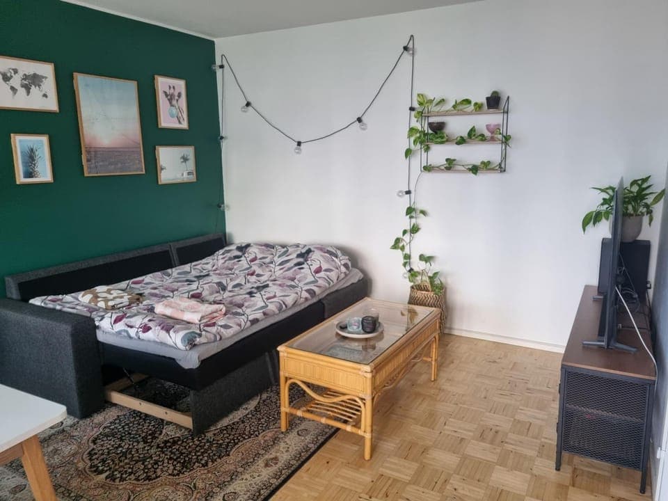 Bed, Living room, Seating area