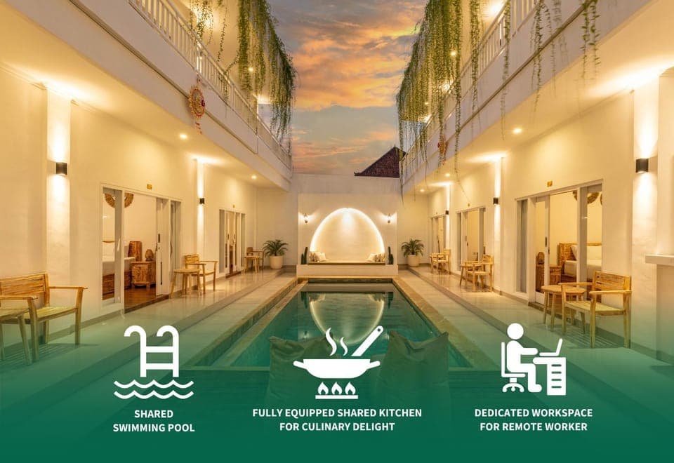 Text overlay, Pool view, Swimming pool, sunbed