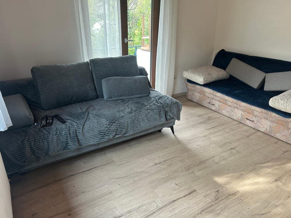 Bed, Living room, Seating area