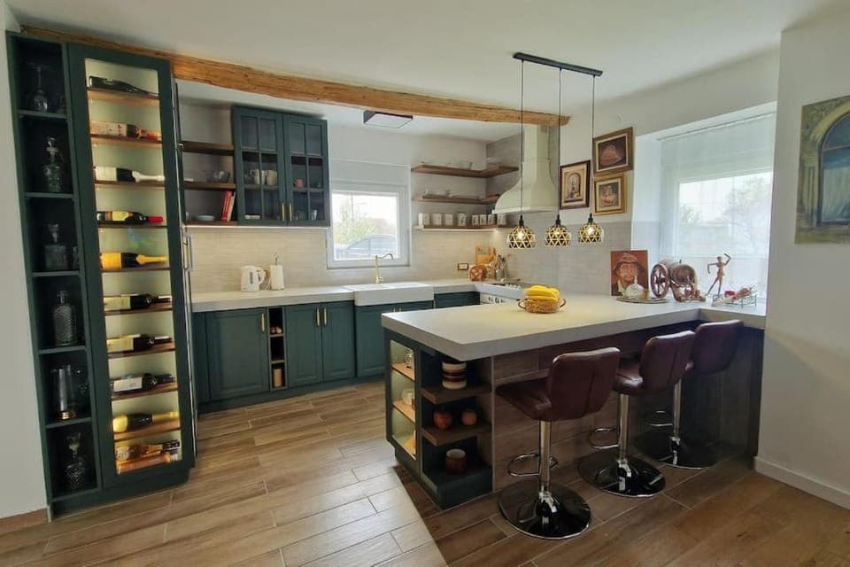 Kitchen or kitchenette, stove