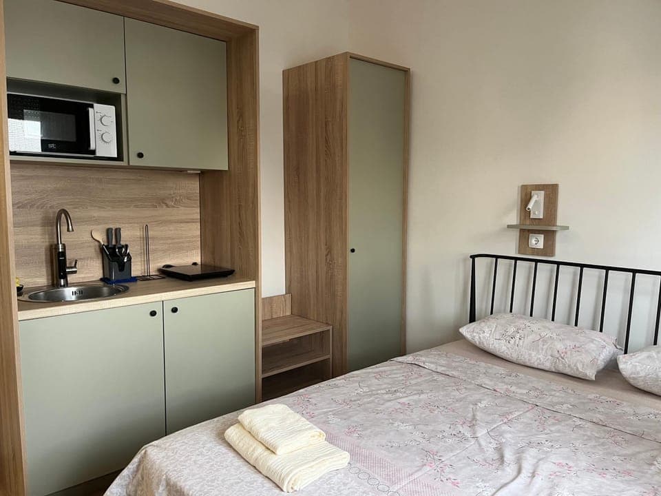 Bed, Kitchen or kitchenette, wardrobe