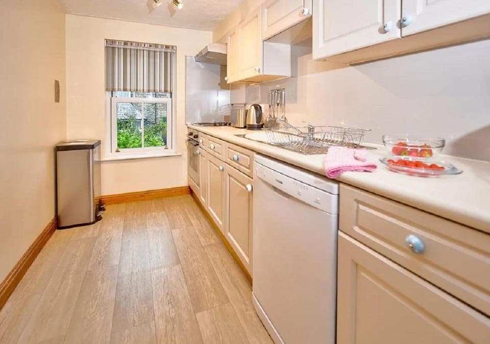 Kitchen or kitchenette, dishwasher, oven, stove