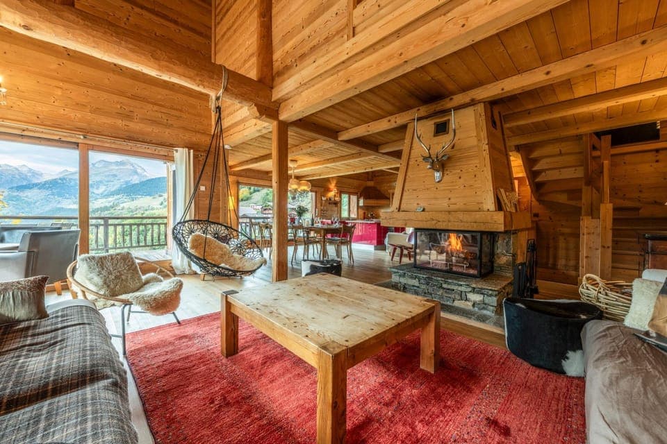Natural landscape, Living room, Seating area, Mountain view, fireplace