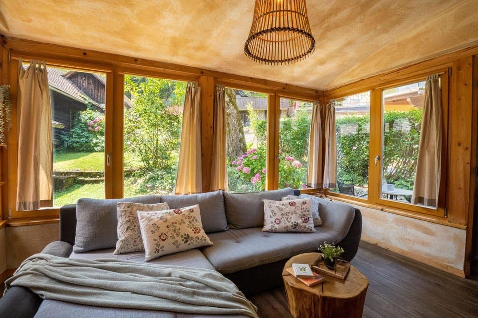 Living room, Seating area, Garden view