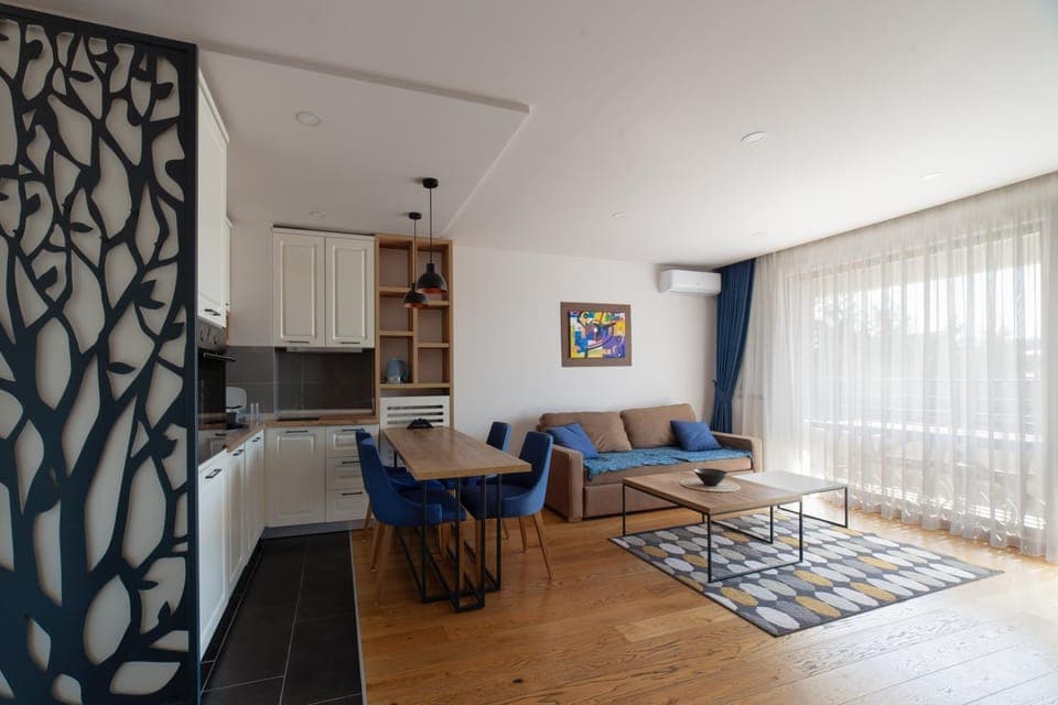 Kitchen or kitchenette, Living room, Seating area, dishwasher, stove