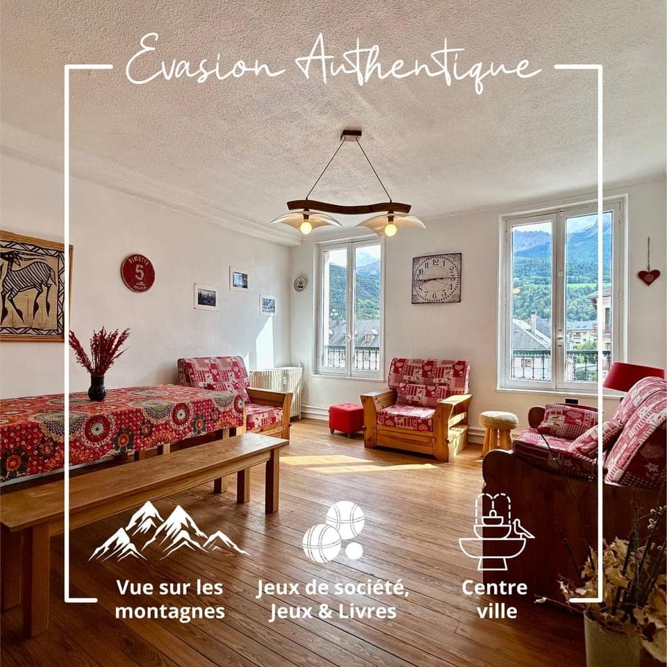 Living room, Text overlay, Mountain view