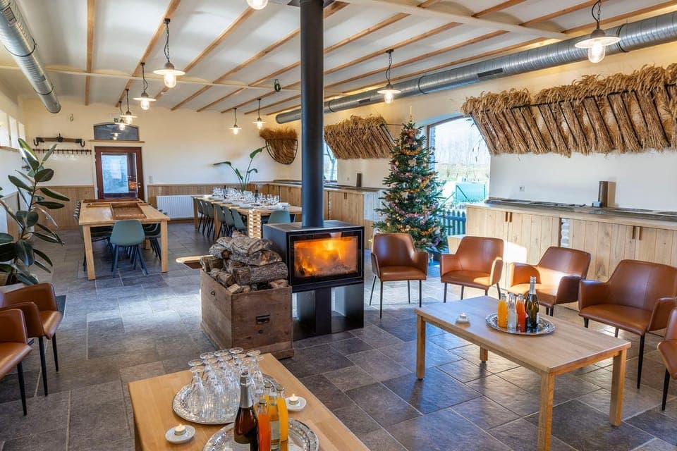 Seating area, Dining area, group of guests, fireplace, heating