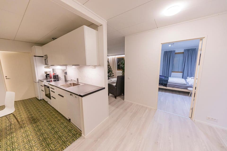 Kitchen or kitchenette, Living room, Lobby or reception, Seating area, Bedroom