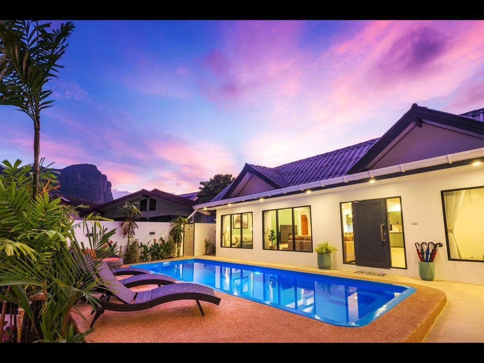 Property building, Swimming pool, Sunset, sunbed