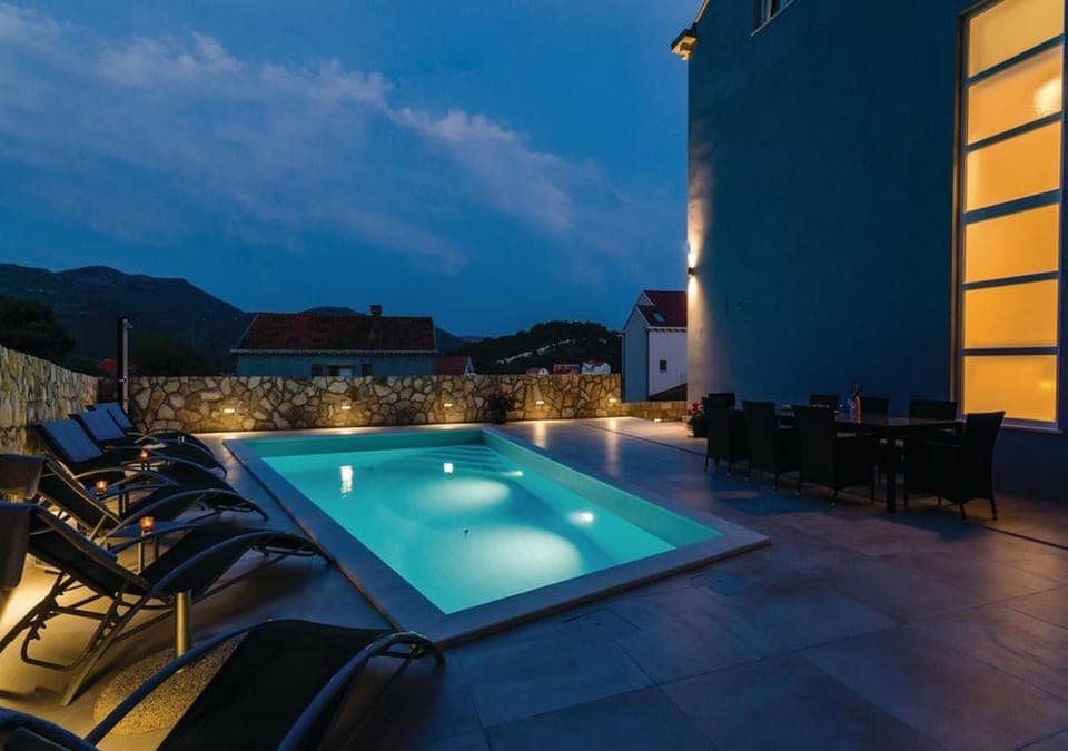 Patio, Night, Natural landscape, Mountain view, Pool view, Swimming pool, sunbed