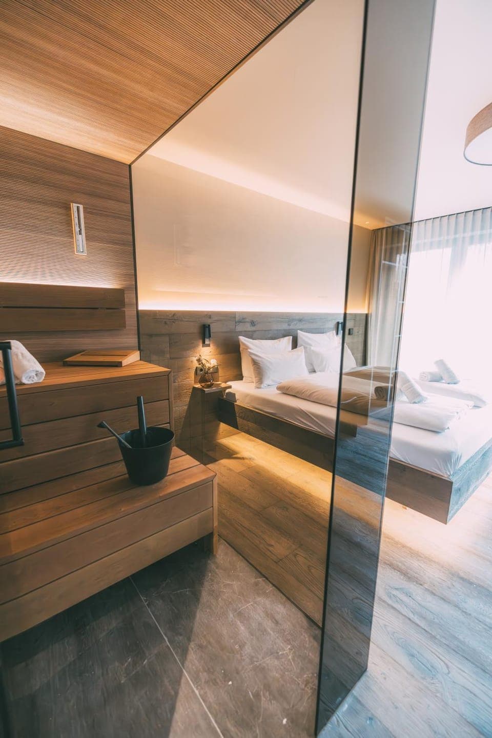 Bed, Sauna, Photo of the whole room, Bedroom, towels, wardrobe