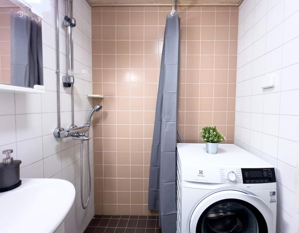 Shower, Bathroom, bidet, hair dryier, washing machine
