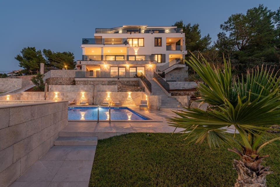 Property building, Night, Garden, Garden view, Swimming pool