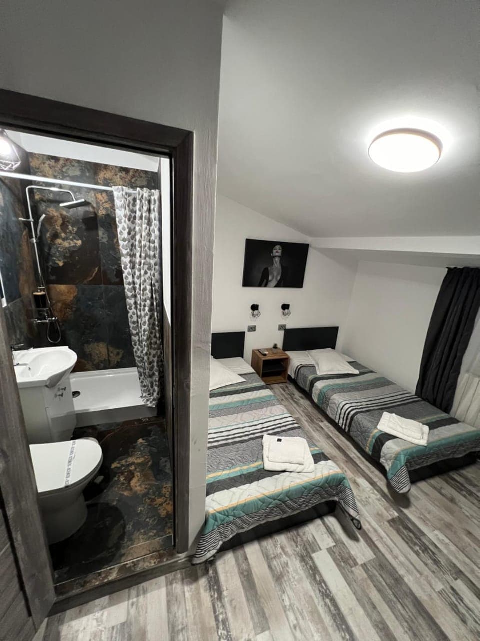 Shower, Toilet, Bed, Bathroom, Photo of the whole room, Bedroom, towels