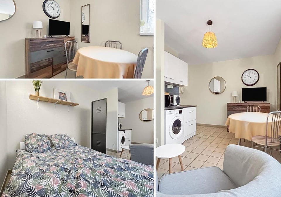 Bed, TV and multimedia, Kitchen or kitchenette, Photo of the whole room, Seating area, Dining area, Bedroom, microwave, washing machine, dryer