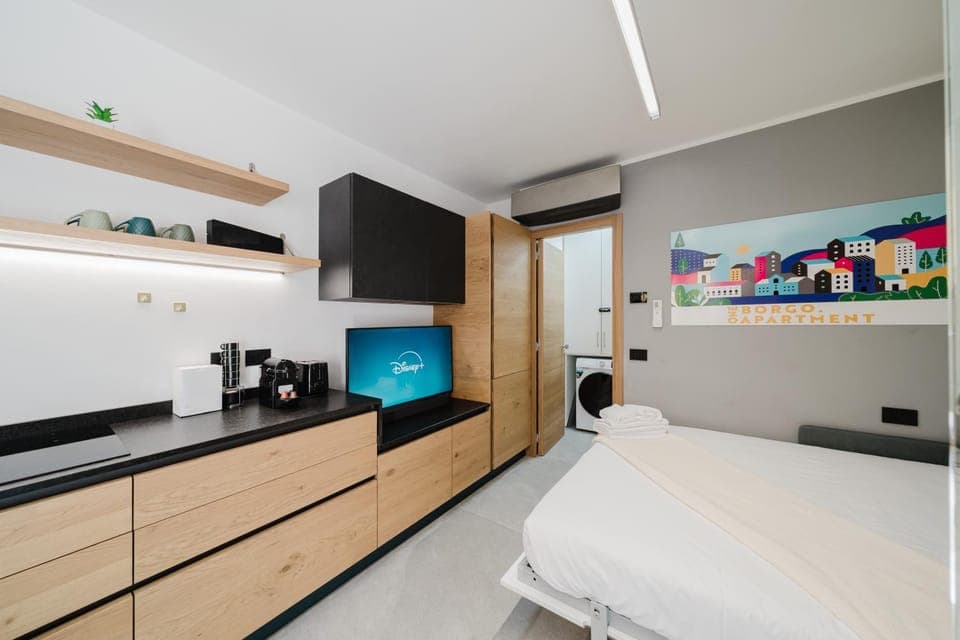 Bed, TV and multimedia, Kitchen or kitchenette, Photo of the whole room, Bedroom, oven