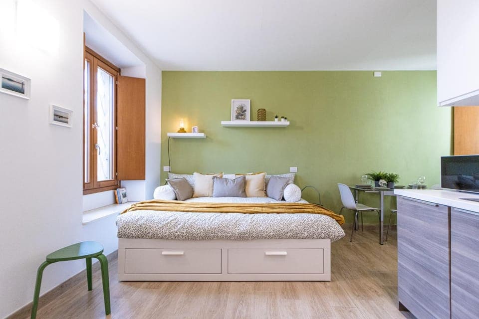 Bed, Kitchen or kitchenette, Living room, Photo of the whole room, Bedroom