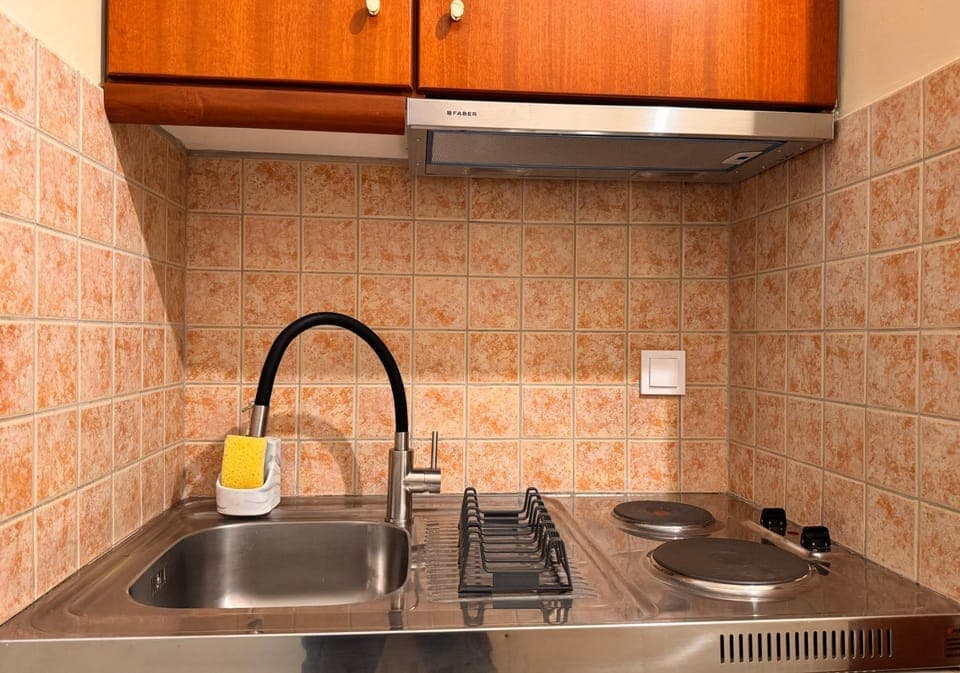 Kitchen or kitchenette, stove