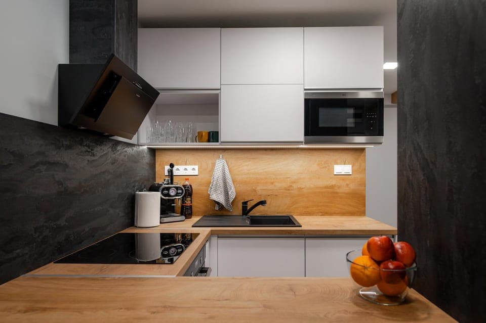 Kitchen or kitchenette, oven, stove, toaster