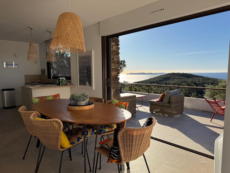 Patio, Day, Natural landscape, View (from property/room), Balcony/Terrace, Living room, Seating area, Dining area, Mountain view, Sea view