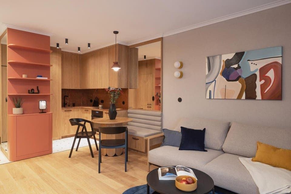 Kitchen or kitchenette, Living room, Seating area, Dining area