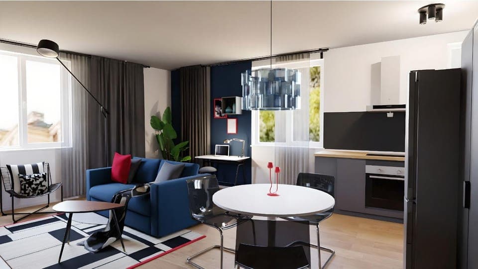 Kitchen or kitchenette, Living room, Seating area, Dining area