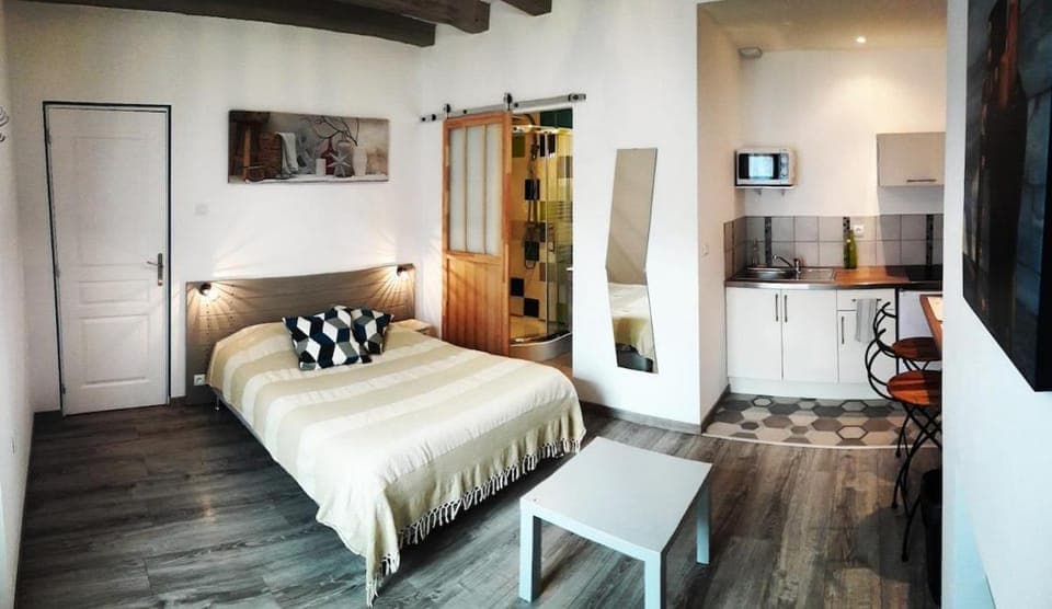 Bed, Kitchen or kitchenette, Living room, Photo of the whole room, Seating area, Bedroom