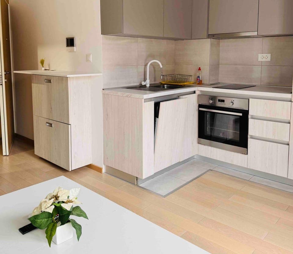 Kitchen or kitchenette, dishwasher, oven, stove