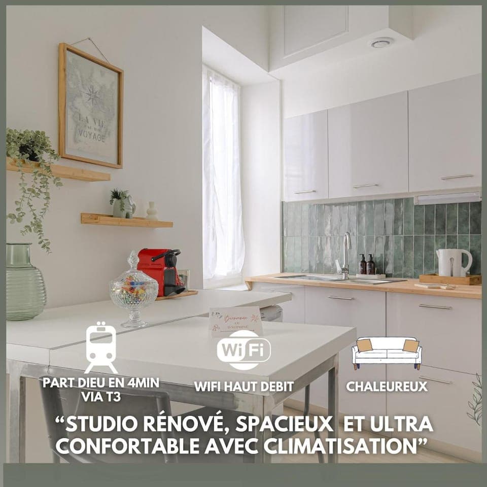 Kitchen or kitchenette, Dining area, Text overlay