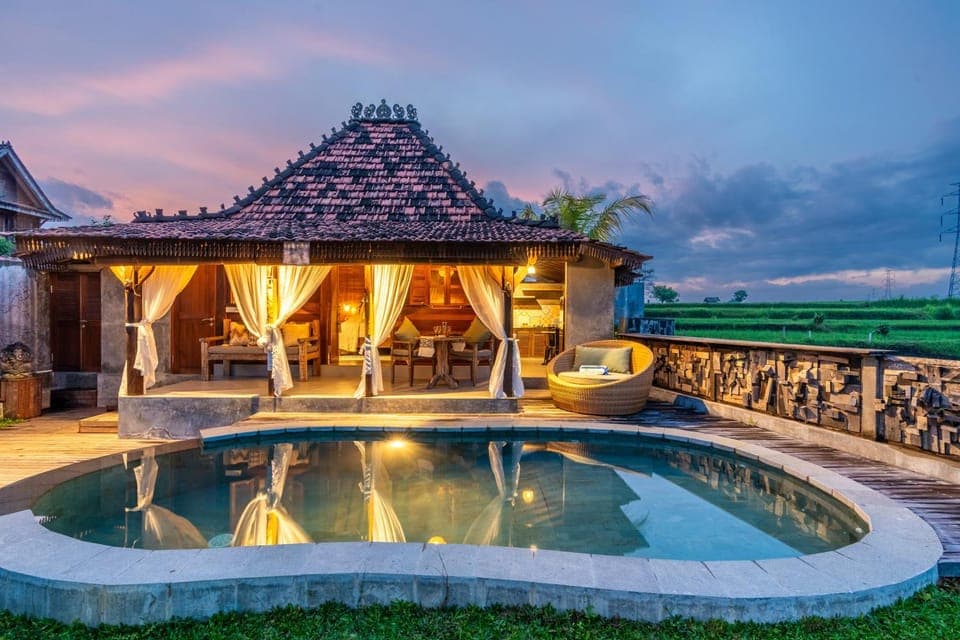 Property building, Patio, Day, Natural landscape, Garden, Garden view, Pool view, Swimming pool