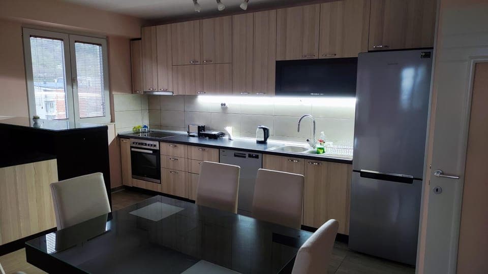 Kitchen or kitchenette, Living room, Dining area, dishwasher, oven, stove, toaster, kitchen, air conditioner