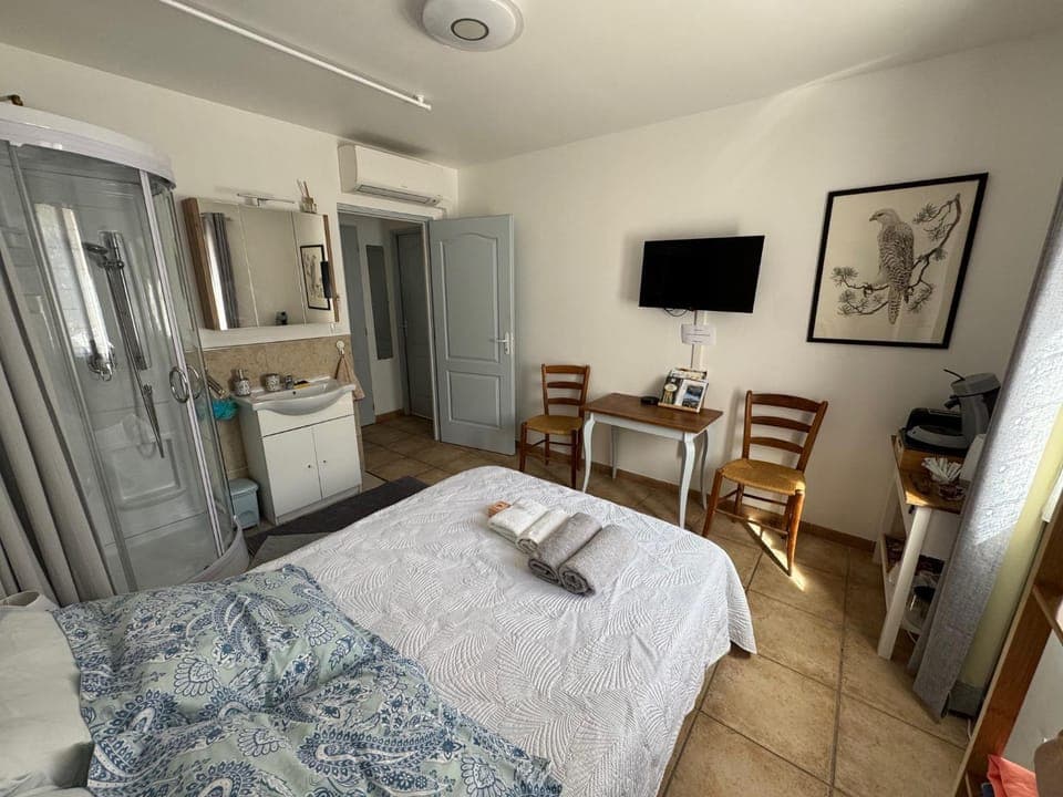 Bed, TV and multimedia, Photo of the whole room, Bedroom, towels, air conditioner