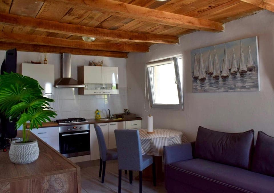 Kitchen or kitchenette, Living room, Seating area, Dining area