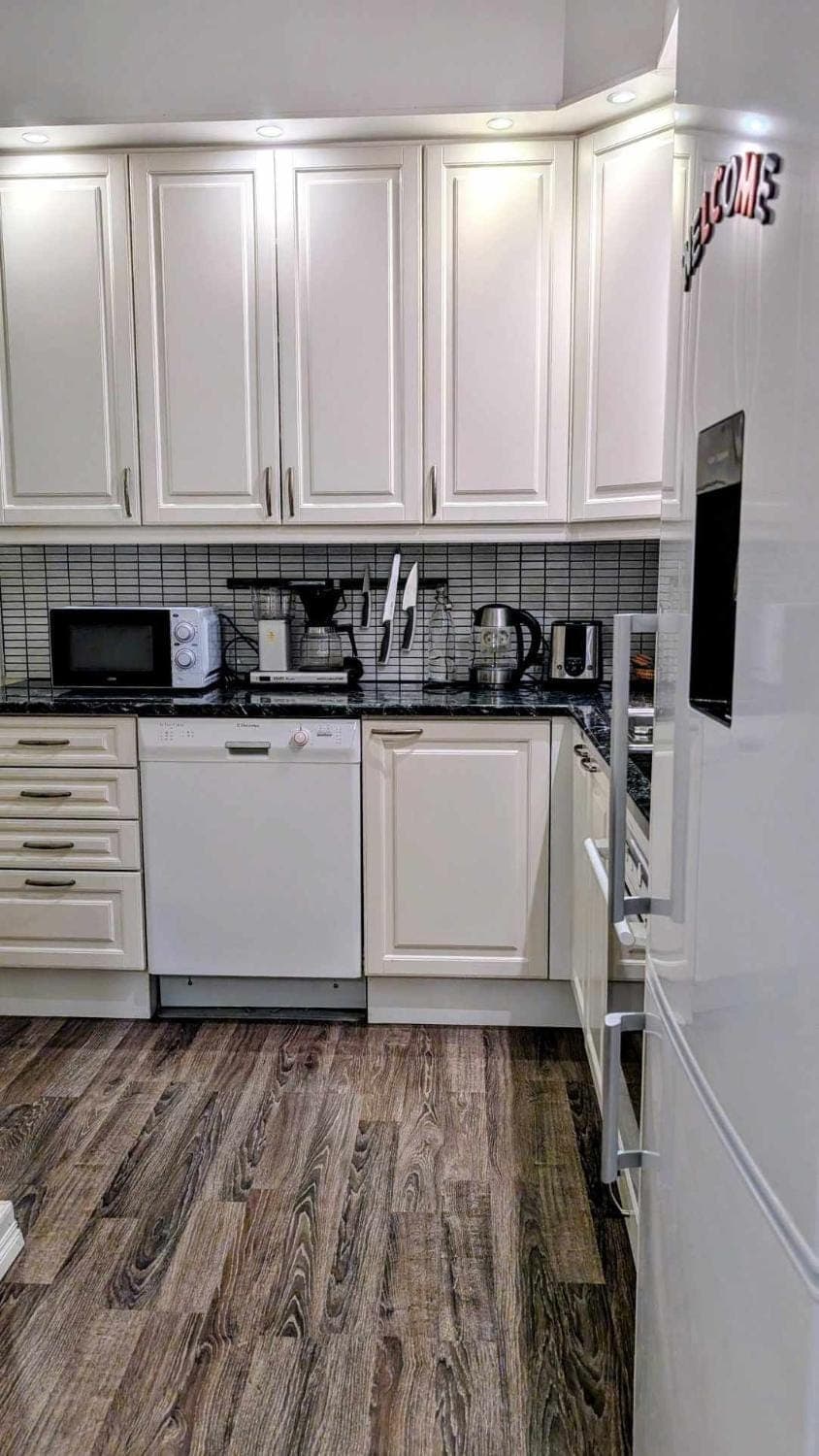 Kitchen or kitchenette, dishwasher, stove, toaster