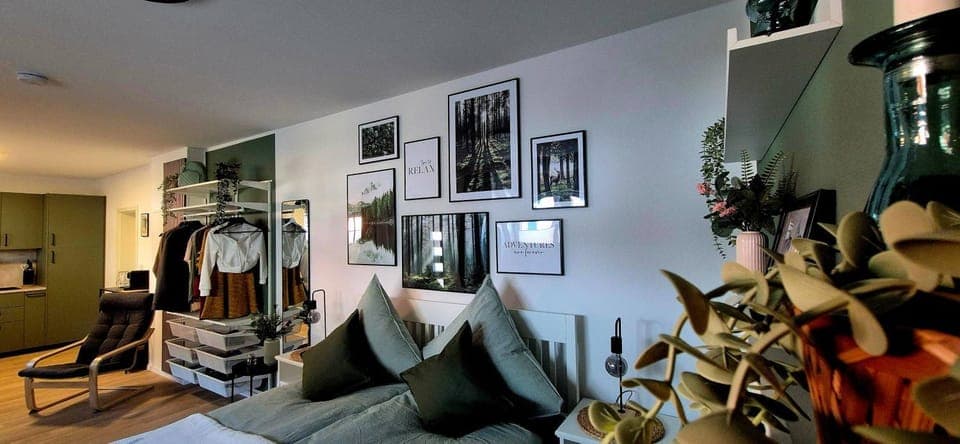 Bed, Living room, Seating area, wardrobe