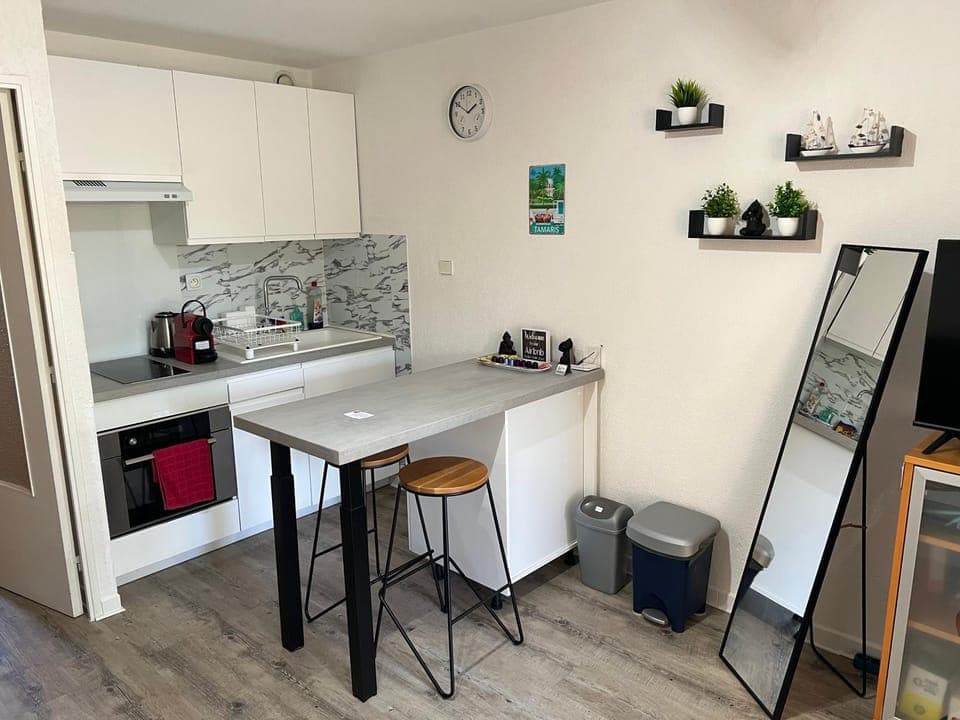 Coffee/tea facilities, Kitchen or kitchenette, oven, stove