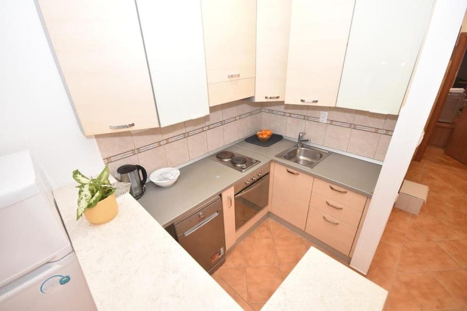 Kitchen or kitchenette, dishwasher, stove
