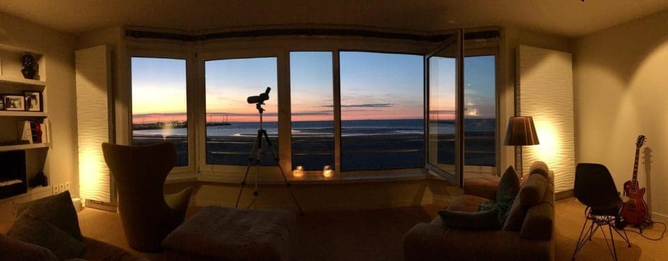 Natural landscape, Library, Living room, Seating area, Sea view, Sunset