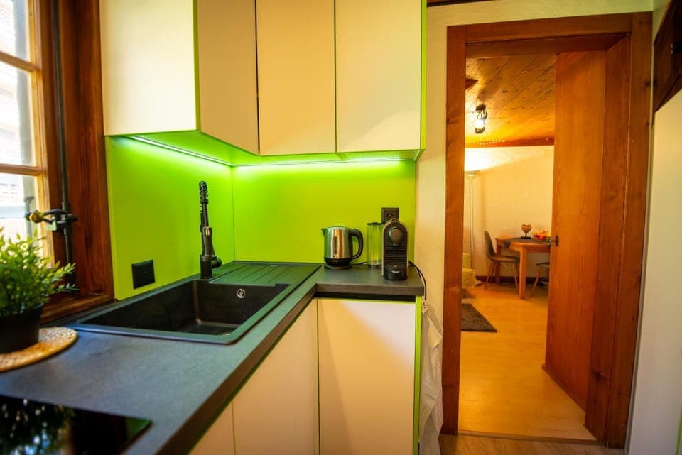 Kitchen or kitchenette, stove